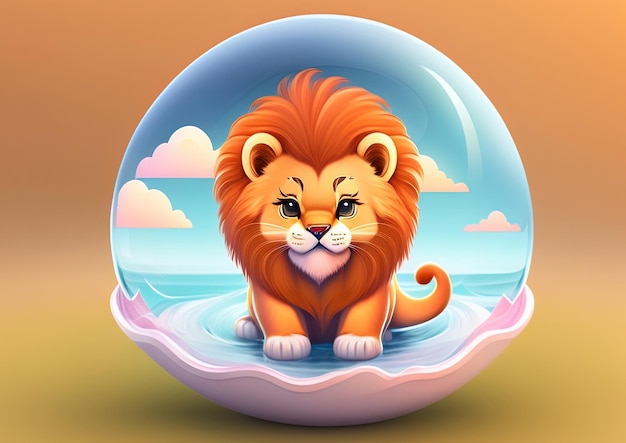 A cartoon lion in a bubble with a blue sky behind it.