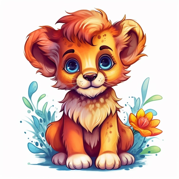 cartoon lion cub sitting in the grass with flowers generative ai