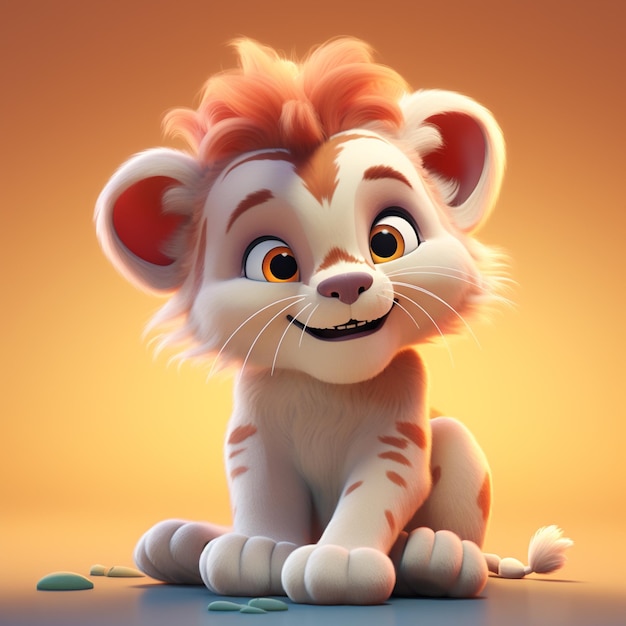 Cartoon lion cub sitting on the ground with a toothbrush in its mouth generative ai