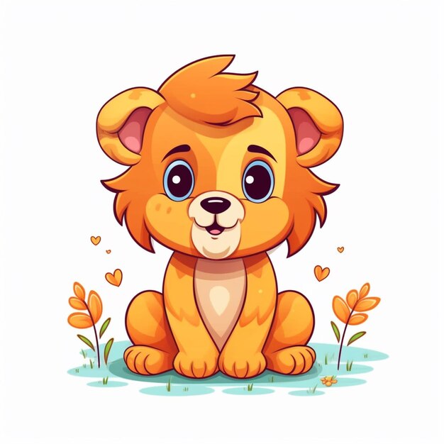 Photo cartoon lion sitting on the ground with flowers and hearts generative ai