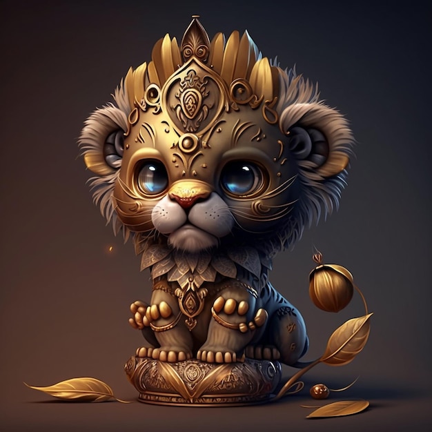 A cartoon of a lion statue with gold eyes and gold accents.