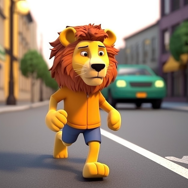 Photo a cartoon lion walks down a street.