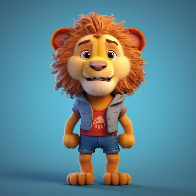 A cartoon lion wearing a red shirt that says'lion'on it