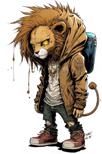 a cartoon of a lion with a backpack and a backpack.