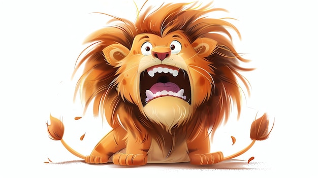 大きな毛皮を生やしたアニメのライオンは口を大きく開け尾を振って地面に座っています