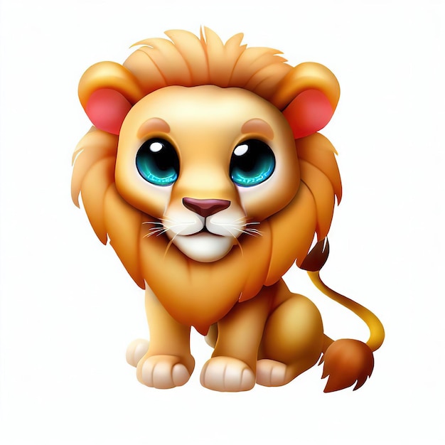 A cartoon lion with blue eyes is sitting on a white background.