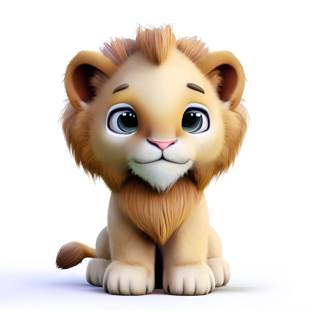 A cartoon lion with blue eyes sits on a white background.