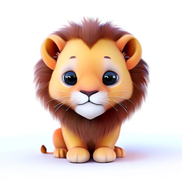 A cartoon lion with blue eyes sits on a white background.