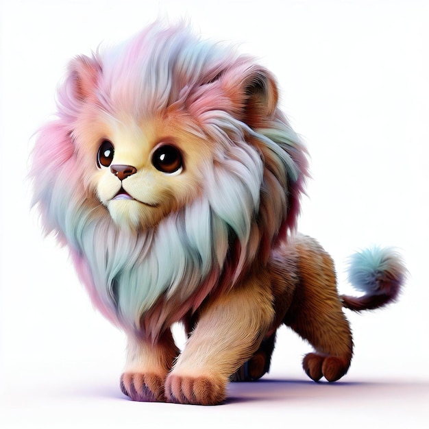 A cartoon lion with a blue mane and pink eyes is standing on a white background.