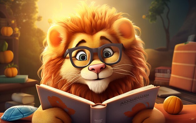 Photo cartoon lion with glasses reading a book