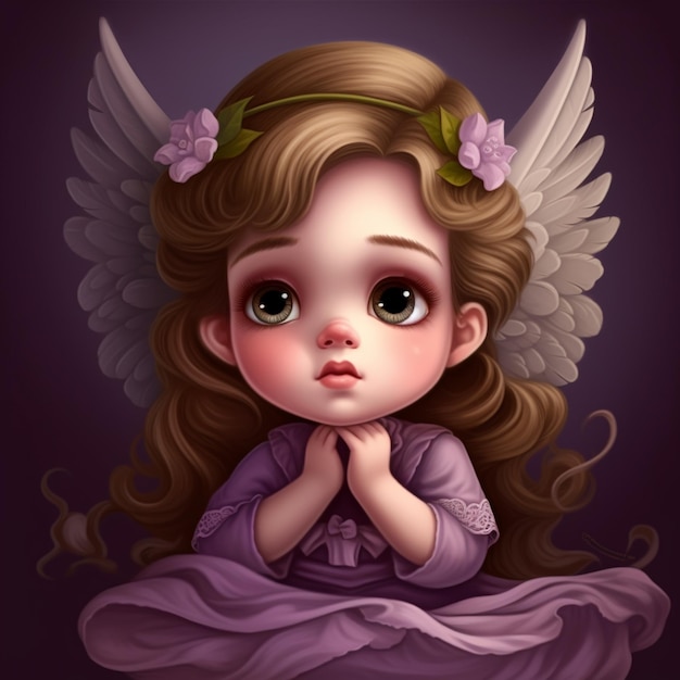 A cartoon of a little angel with a purple dress and purple flowers on her head.