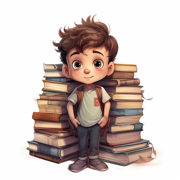 Premium AI Image | Cartoon little boy carrying a piles of book