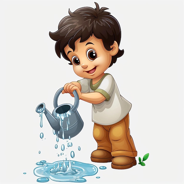 Photo cartoon little boy holding watering can pouring water