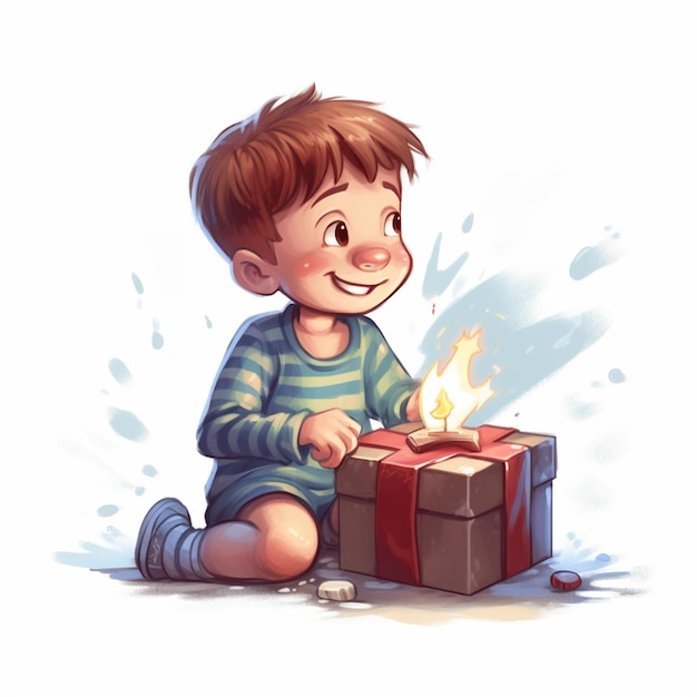 cartoon little boy opens a present