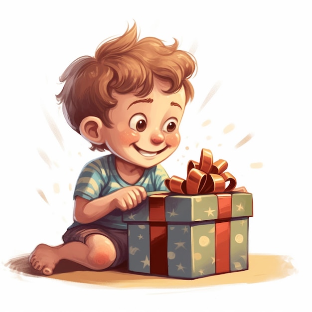 cartoon little boy opens a present