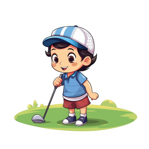 Photo cartoon little boy playing golf ai generated image