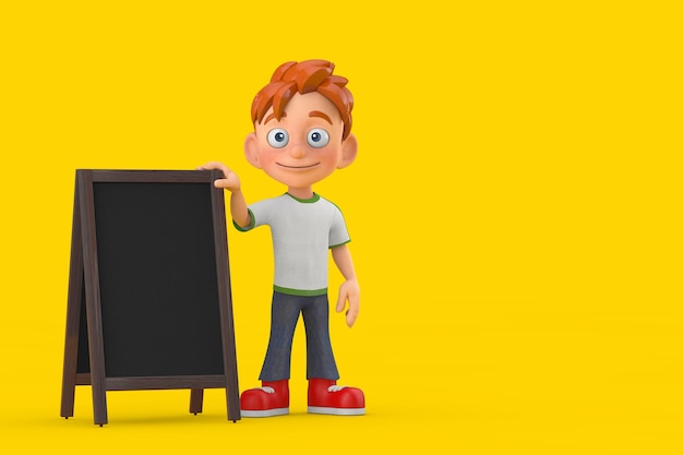 Cartoon Little Boy Teen Person Character Mascot with Blank Wooden Menu Blackboards Outdoor Display 3d Rendering