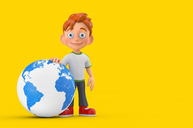 Cartoon Little Boy Teen Person Character Mascot with Earth Globe 3d Rendering