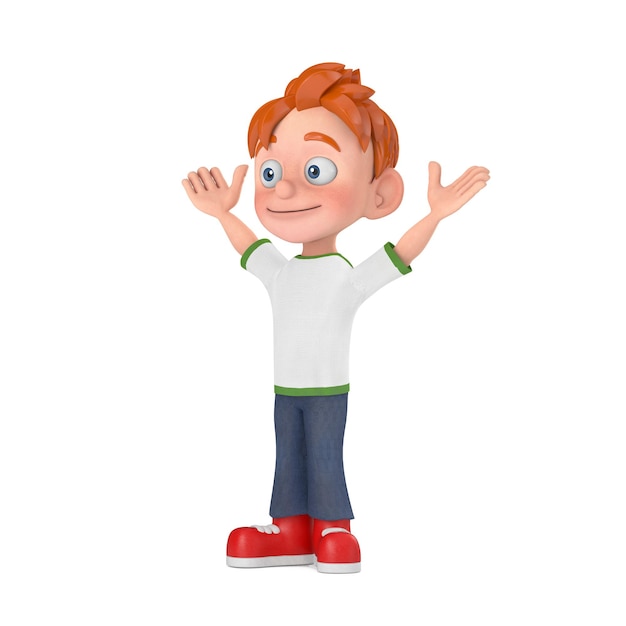 Cartoon Little Boy Teen Person Character Mascot with Hands Up 3d Rendering