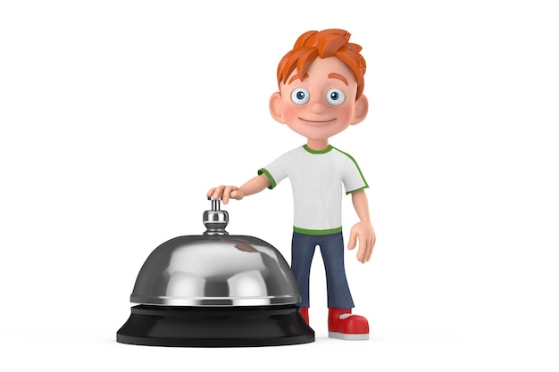 Cartoon Little Boy Teen Person Character Mascot with Hotel Service Bell Call 3d Rendering