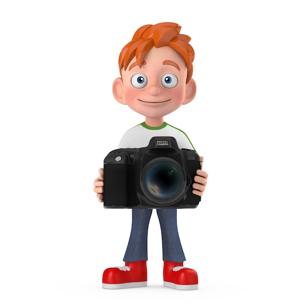 Cartoon Little Boy Teen Person Character Mascot with Modern Digital Photo Camera 3d Rendering