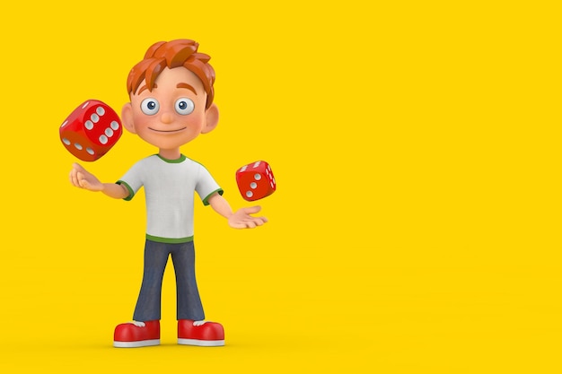 Cartoon little boy teen person character mascot with red game\
dice cubes in flight 3d rendering