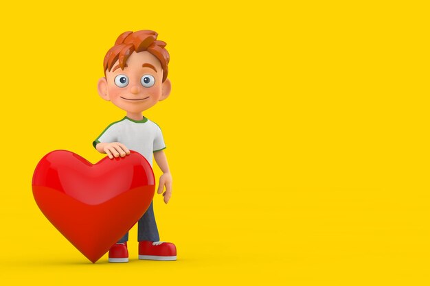 Cartoon Little Boy Teen Person Character Mascot with Red Heart 3d Rendering