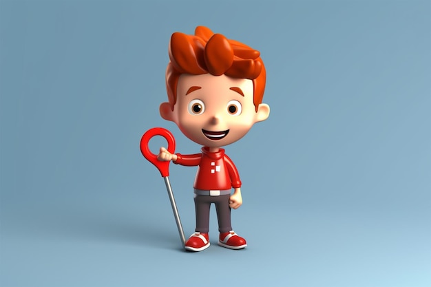 Cartoon little boy teen person character mascot with red map pointer target pin 3d rendering