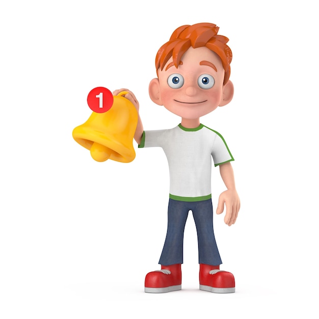 Cartoon Little Boy Teen Person Character Mascot witn Cartoon Social Media Notification Bell and New Message Icon 3d Rendering