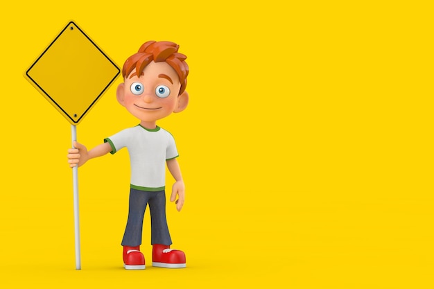 Талисман персонажа мультфильма "Маленький мальчик-подросток" и желтый дорожный знак с бесплатным пространством для вашего дизайна 3d-рендеринга
