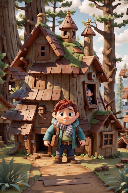A cartoon of a little boy with a toy in front of a wooden house.