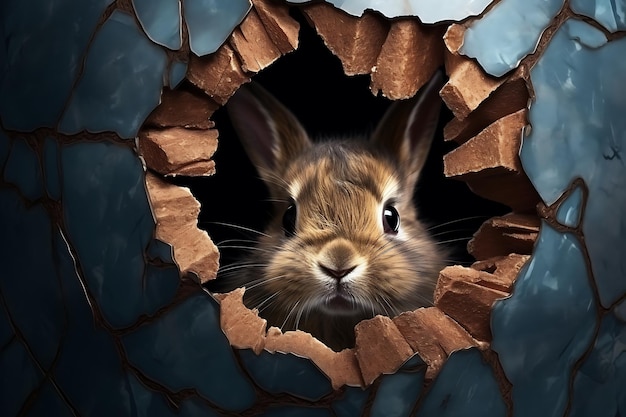 Cartoon little bunny inside a cracked easter e