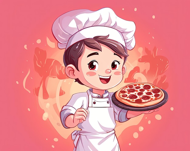 Cartoon little chef in white shirt making pizza on pink background