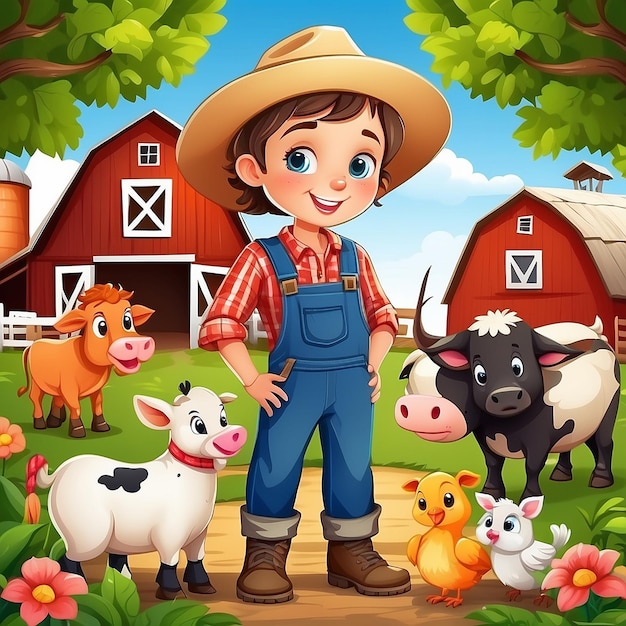 Cartoon little farmers with animals at the farm