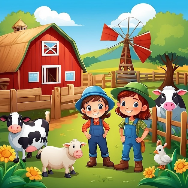 Cartoon little farmers with animals at the farm