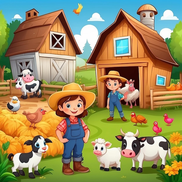 Cartoon little farmers with animals at the farm