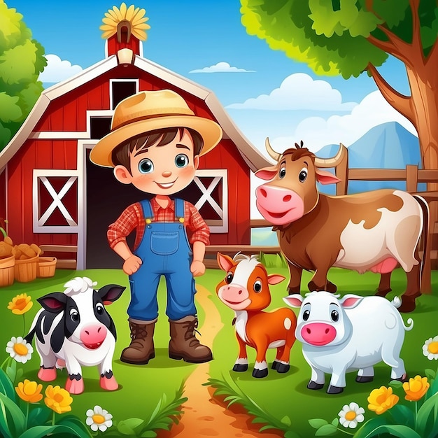 Photo cartoon little farmers with animals at the farm