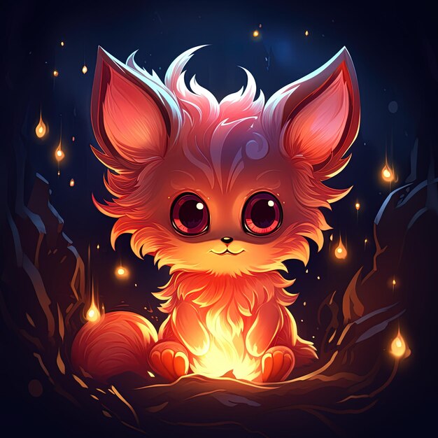 a cartoon of a little fox with a glowing orange light in the background