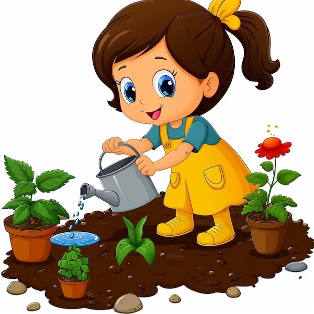 Photo cartoon little girl holding watering can pouring water