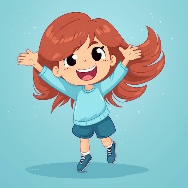 Photo cartoon little girl jumping over a blue background creative ai