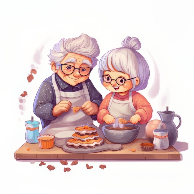 A cartoon of a little girl and an older man cooking pancakes