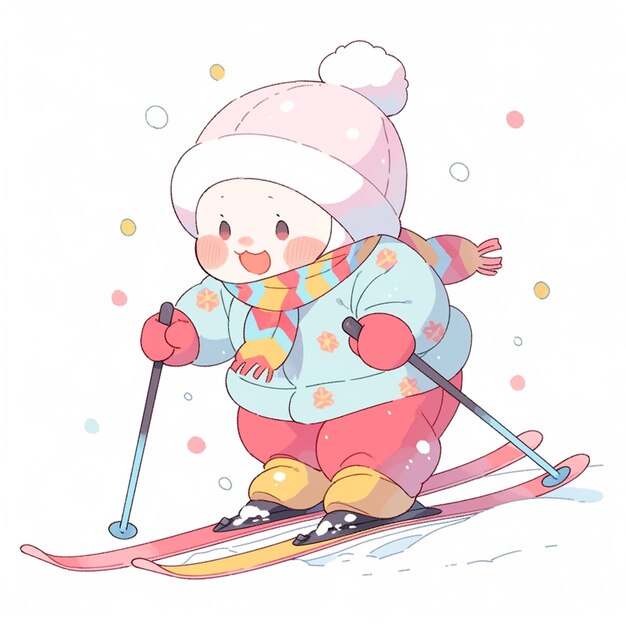 cartoon of a little girl skiing down a hill wearing a pink hat and scarf generative ai