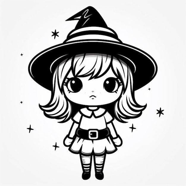 A cartoon of a little girl wearing a witch hat.