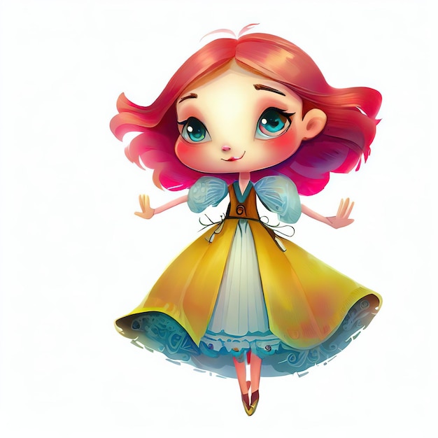 A cartoon of a little girl with pink hair and blue eyes.