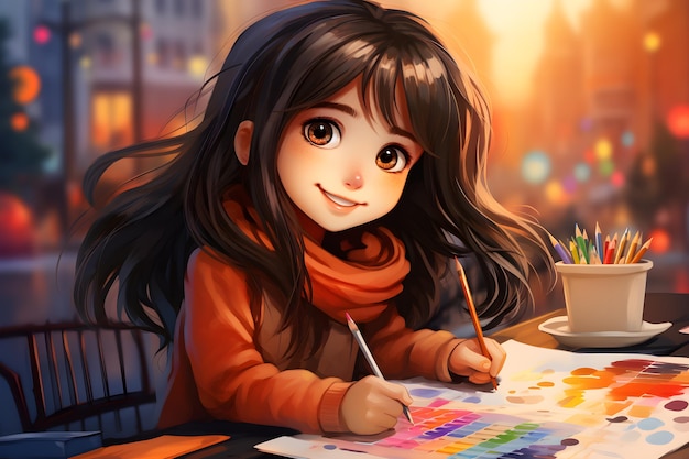 cartoon little girl working Generative AI