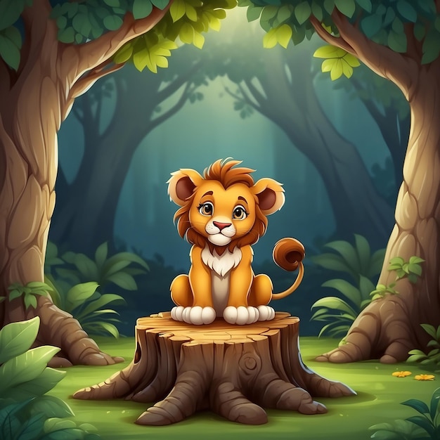 Photo cartoon little lion sitting on tree stump