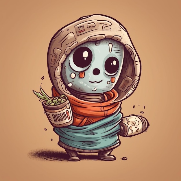 A cartoon of a little monster with a bucket of food in his hand.