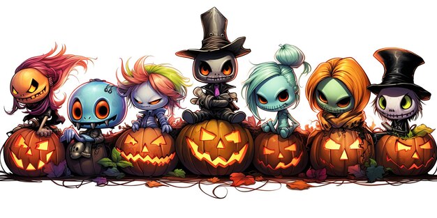 Cartoon little monsters with jack o lantern on white background