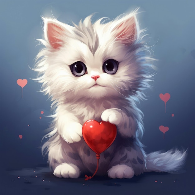 Cartoon little white kitten holding a heart in its paws Valentines Day Card