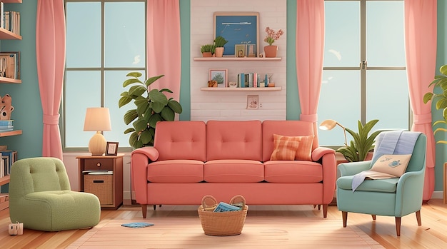 家具とリビング ルームの装飾が施された漫画のリビング ルームのインテリア シーン